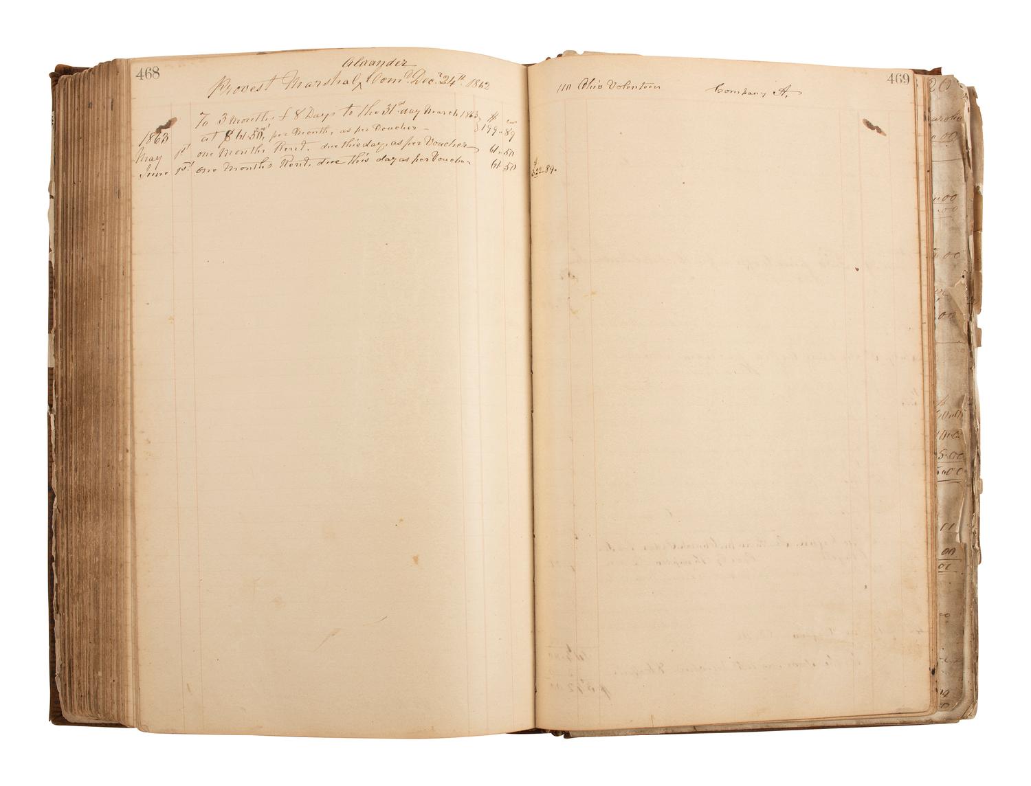 [CIVIL WAR]. Ledger book associated with Winchester, Virginia, cabinet maker John Kerr (1797-1875), documenting coffins built and sold for Union and Confederate soldiers as well as other wartime activity.