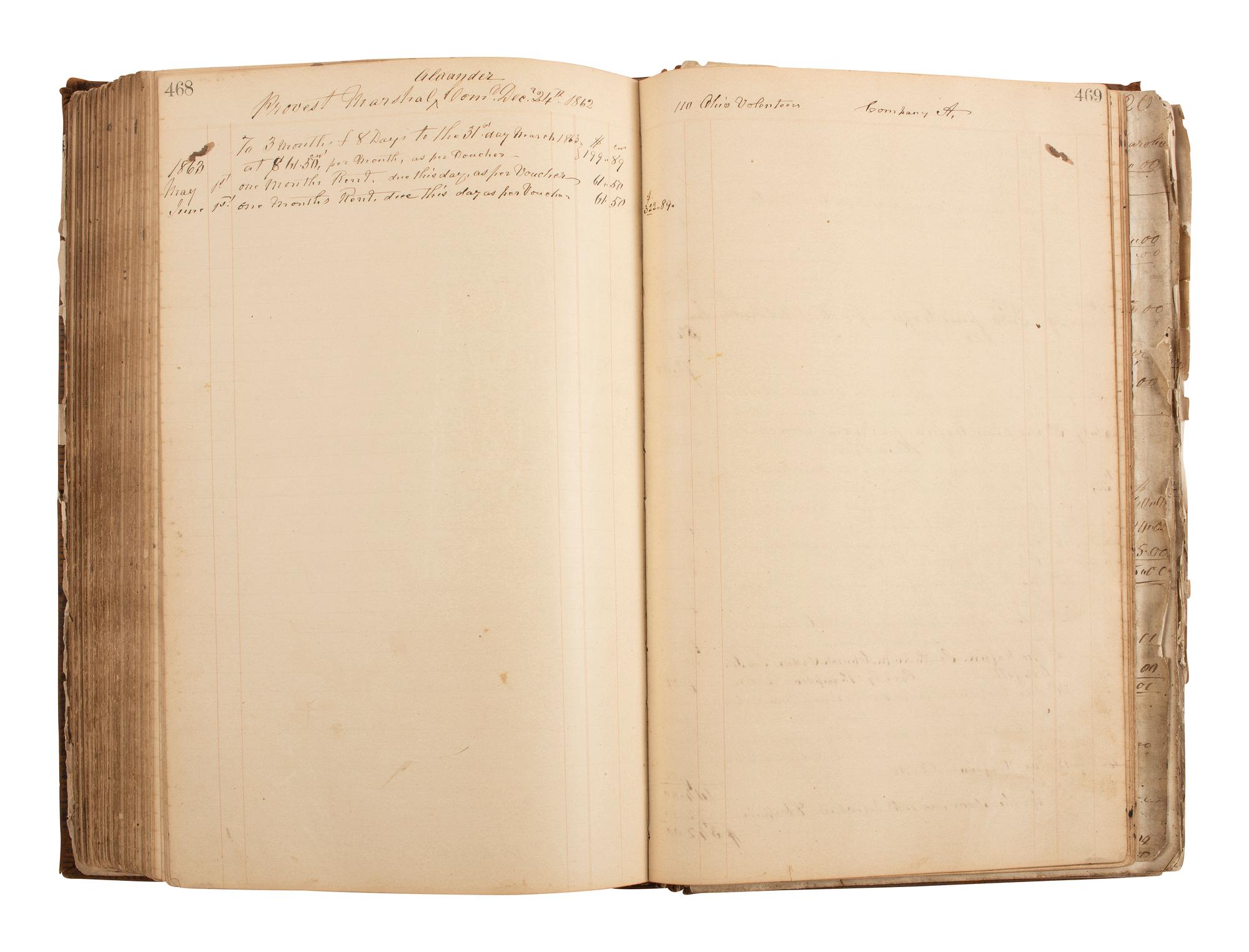 [CIVIL WAR]. Ledger book associated with Winchester, Virginia, cabinet maker John Kerr (1797-1875), documenting coffins built and sold for Union and Confederate soldiers as well as other wartime activity.