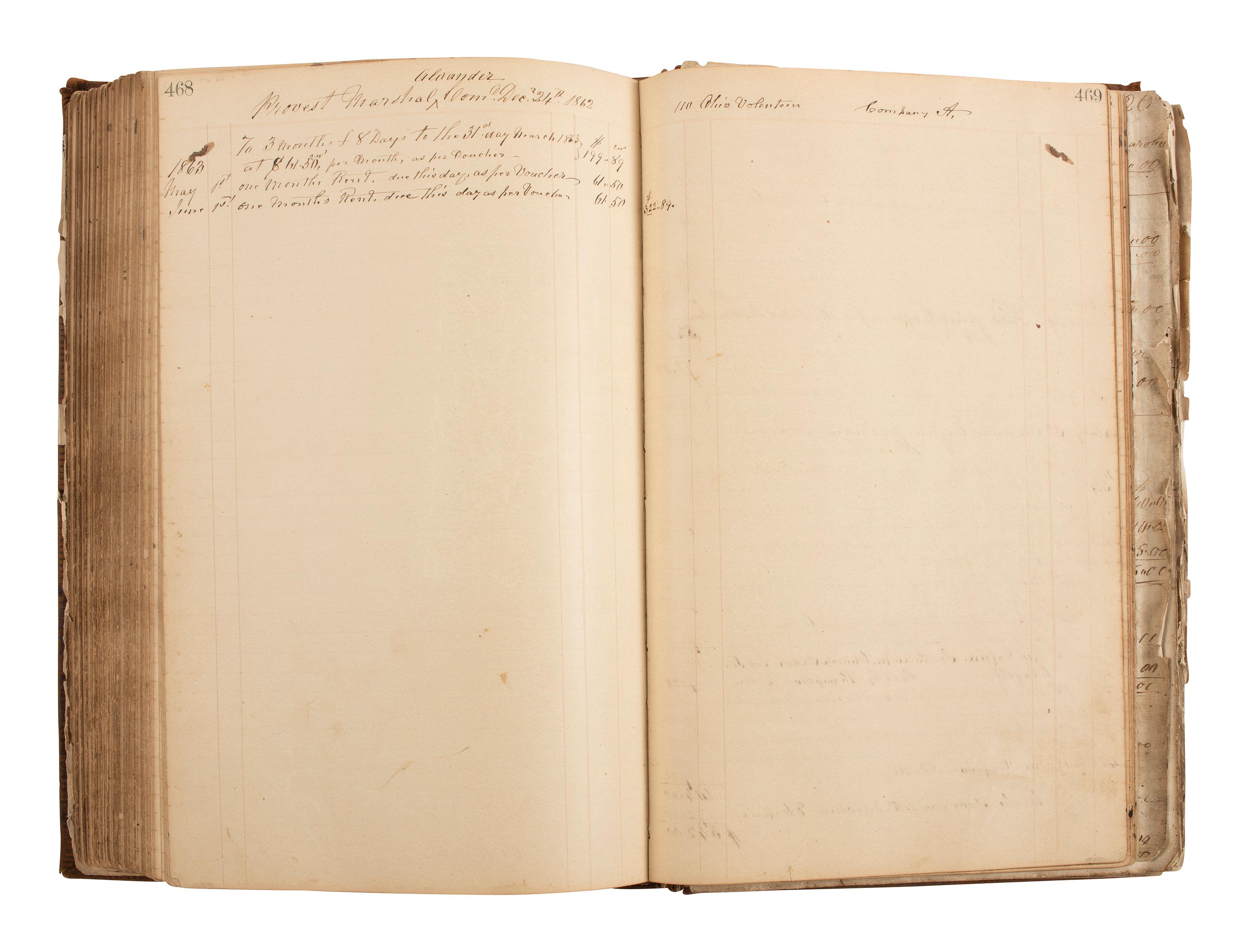 [CIVIL WAR]. Ledger book associated with Winchester, Virginia, cabinet maker John Kerr (1797-1875), documenting coffins built and sold for Union and Confederate soldiers as well as other wartime activity.