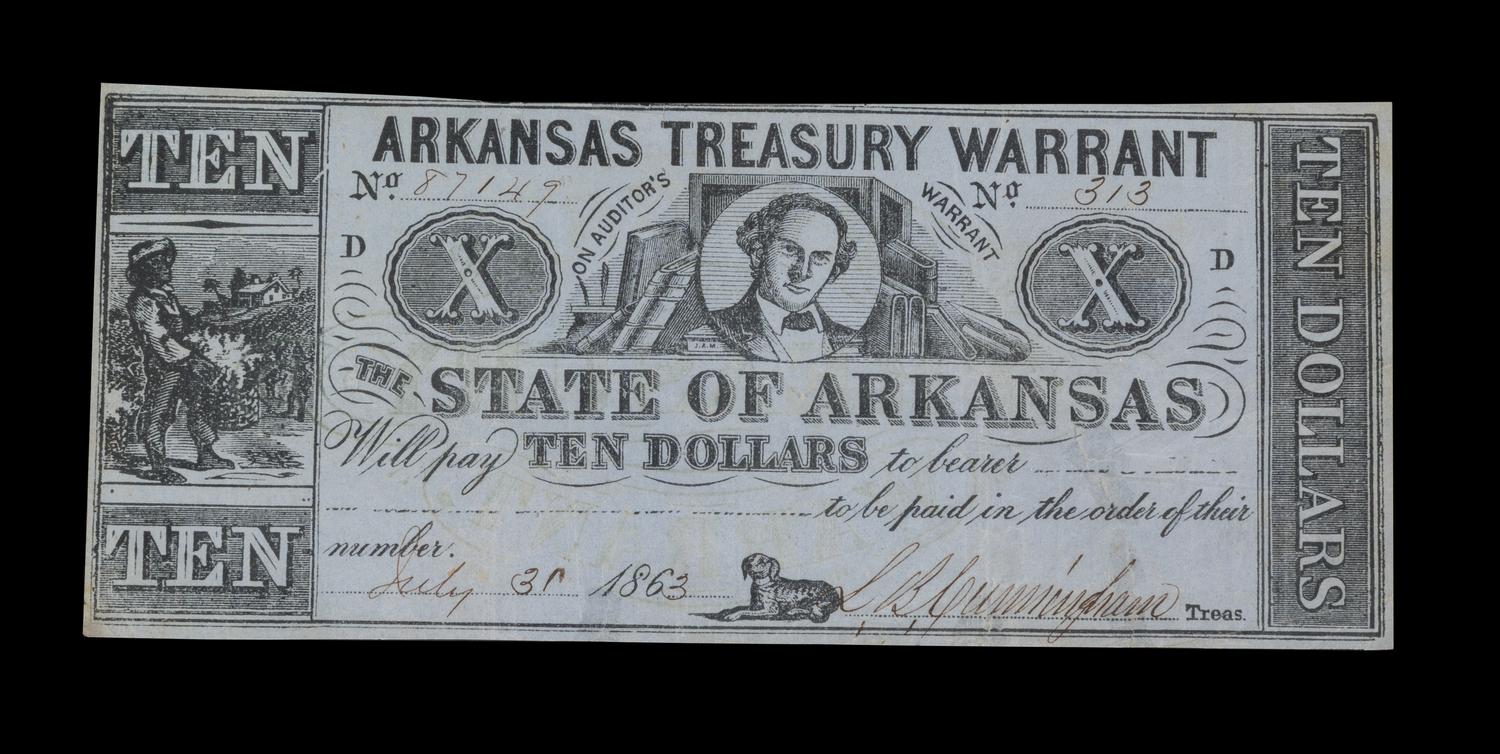 A State of Arkansas 1863 Blue Paper and Green Back $10 Treasury Warrant