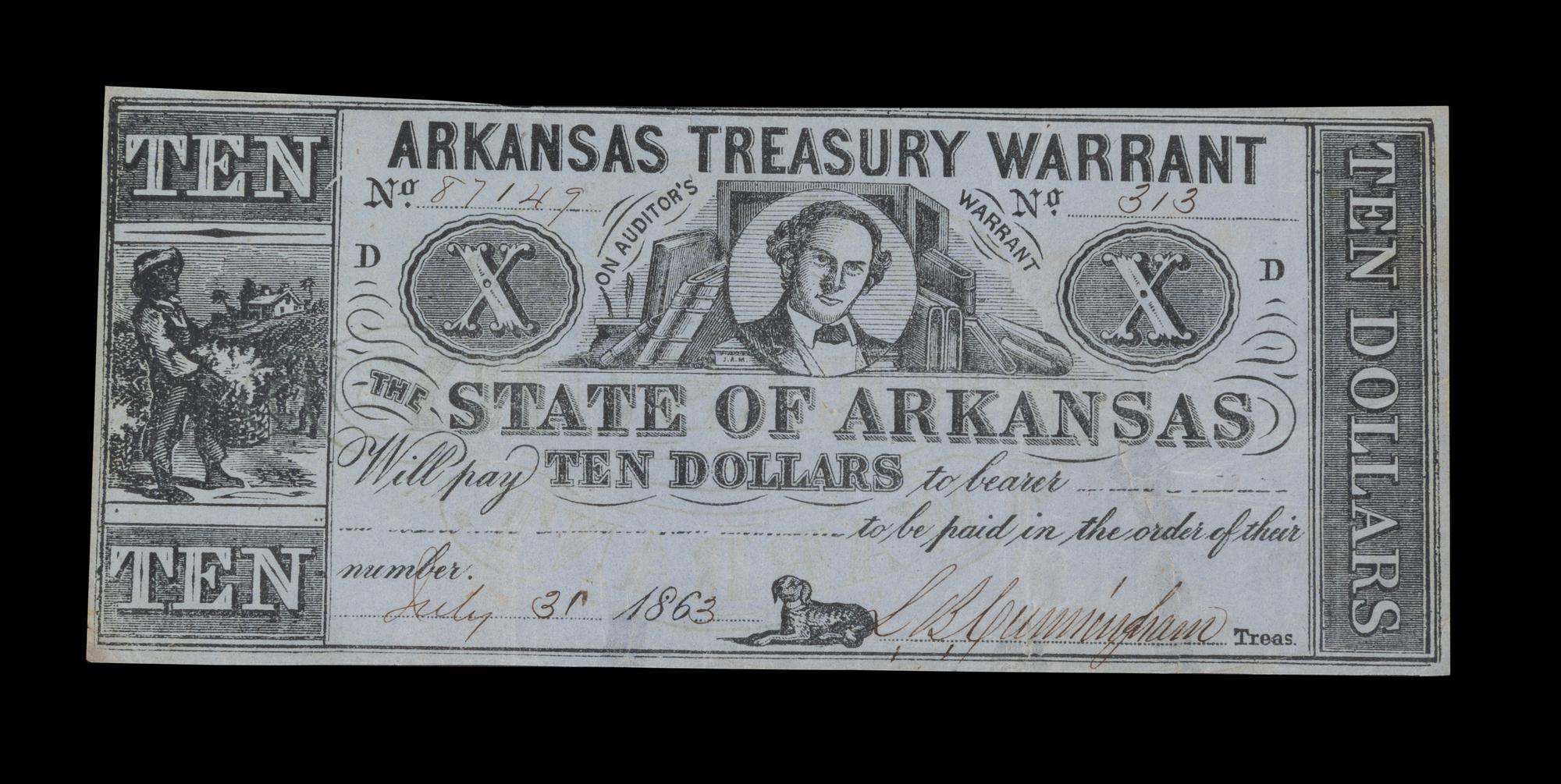 A State of Arkansas 1863 Blue Paper and Green Back $10 Treasury Warrant
