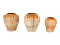 Three Partially Glazed Terra Cotta Olive Jars — 20th Century