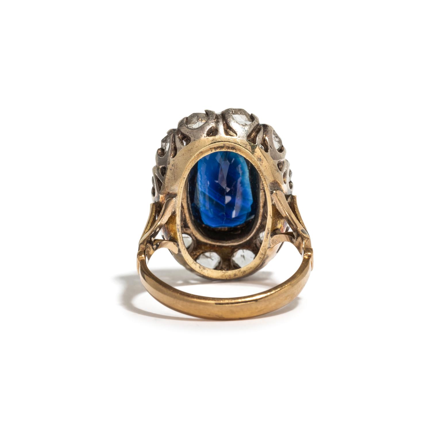 SILVER-TOPPED GOLD, SAPPHIRE AND DIAMOND RING