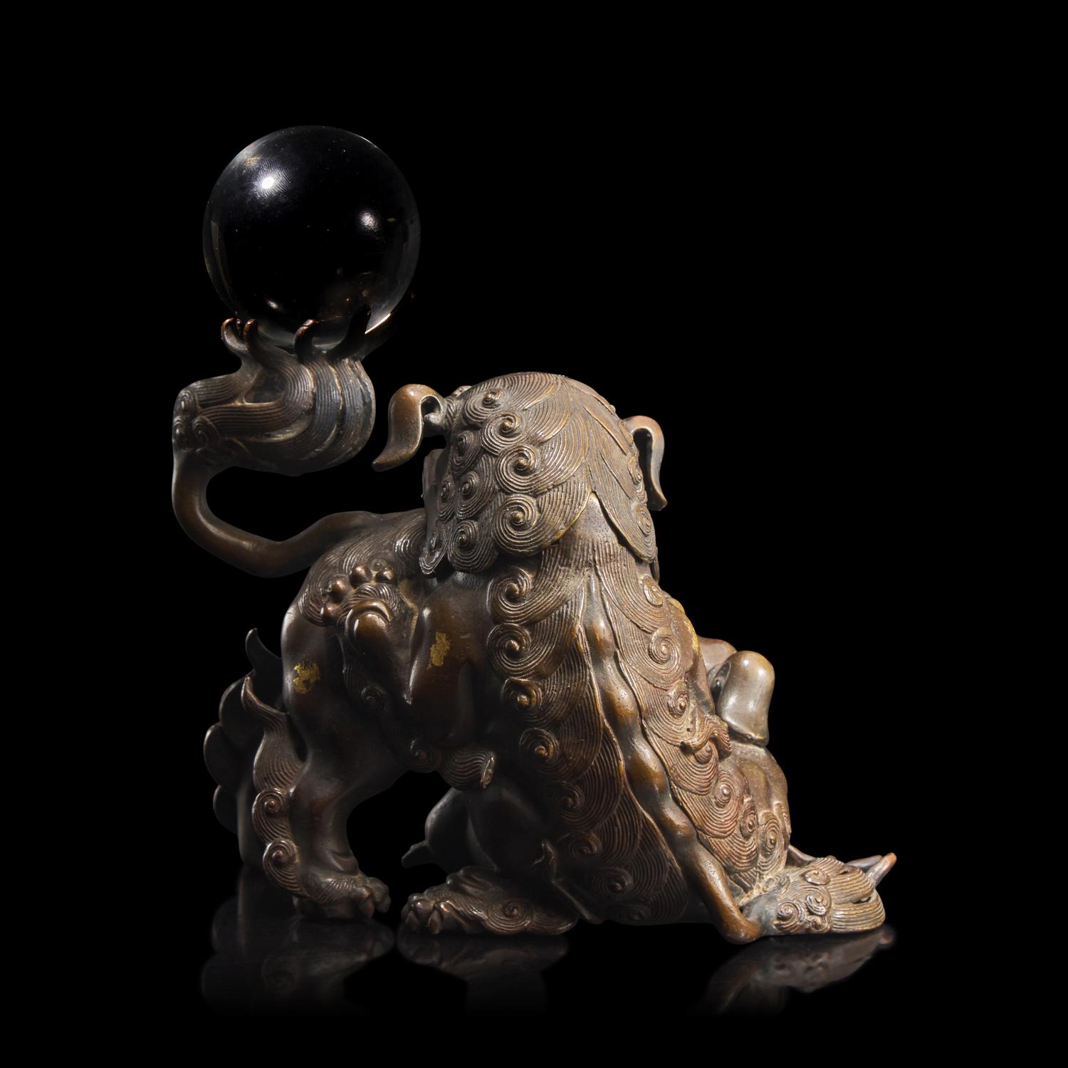 A Japanese Patinated Copper Alloy "Shishis" Koro With Crystal Ball, Omine, Meiji Period