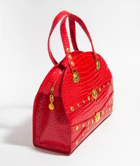 A Gianni Versace Red Croc Embossed Oversized Medusa Bag, 15.5" x 13" x 6.5"; Handle drop: 5.75"