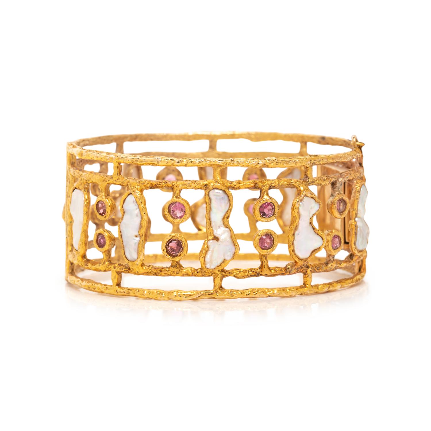 YELLOW GOLD, CULTURED PEARL, AND PINK TOURMALINE BANGLE BRACELET