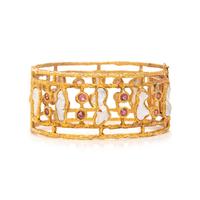 YELLOW GOLD, CULTURED PEARL, AND PINK TOURMALINE BANGLE BRACELET