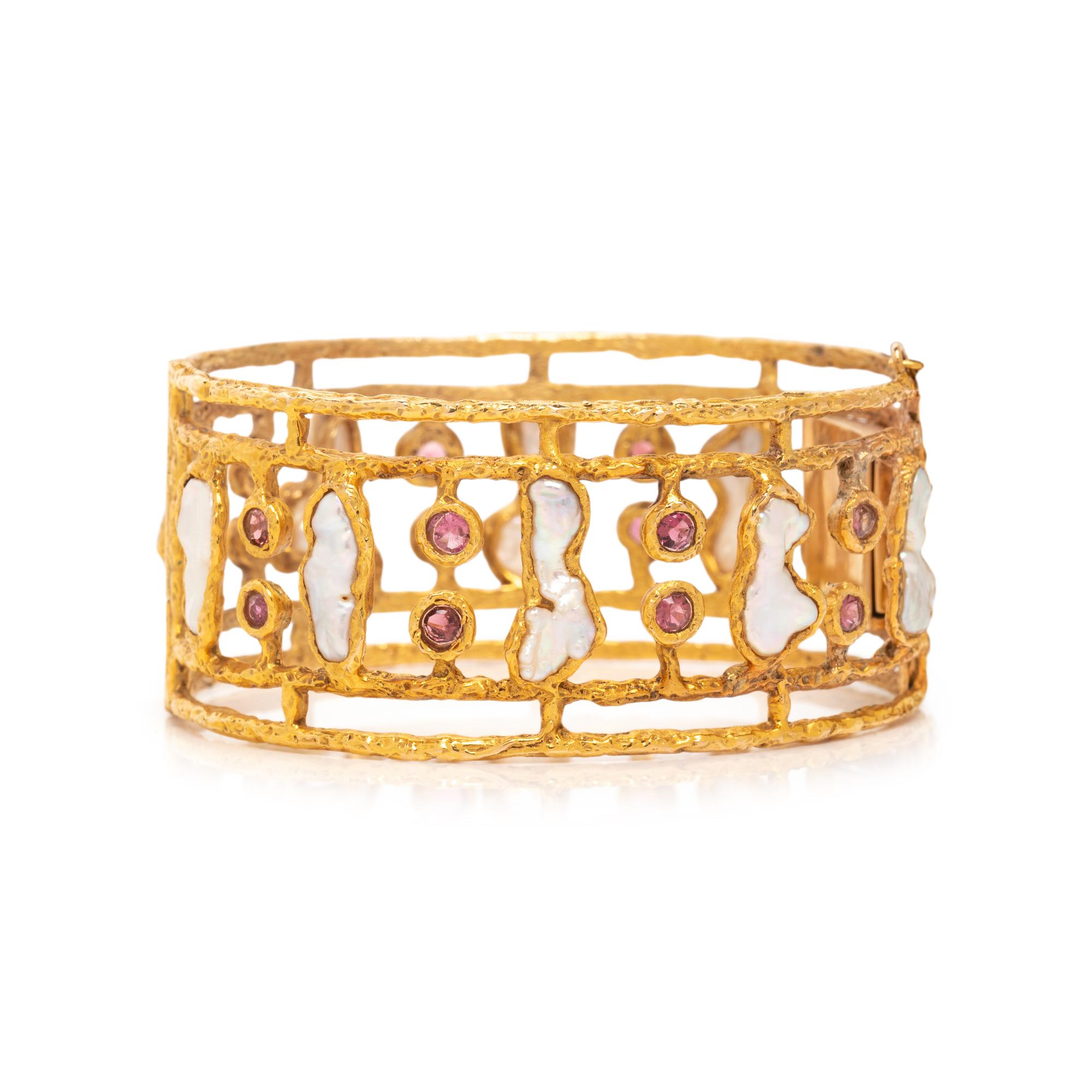 YELLOW GOLD, CULTURED PEARL, AND PINK TOURMALINE BANGLE BRACELET