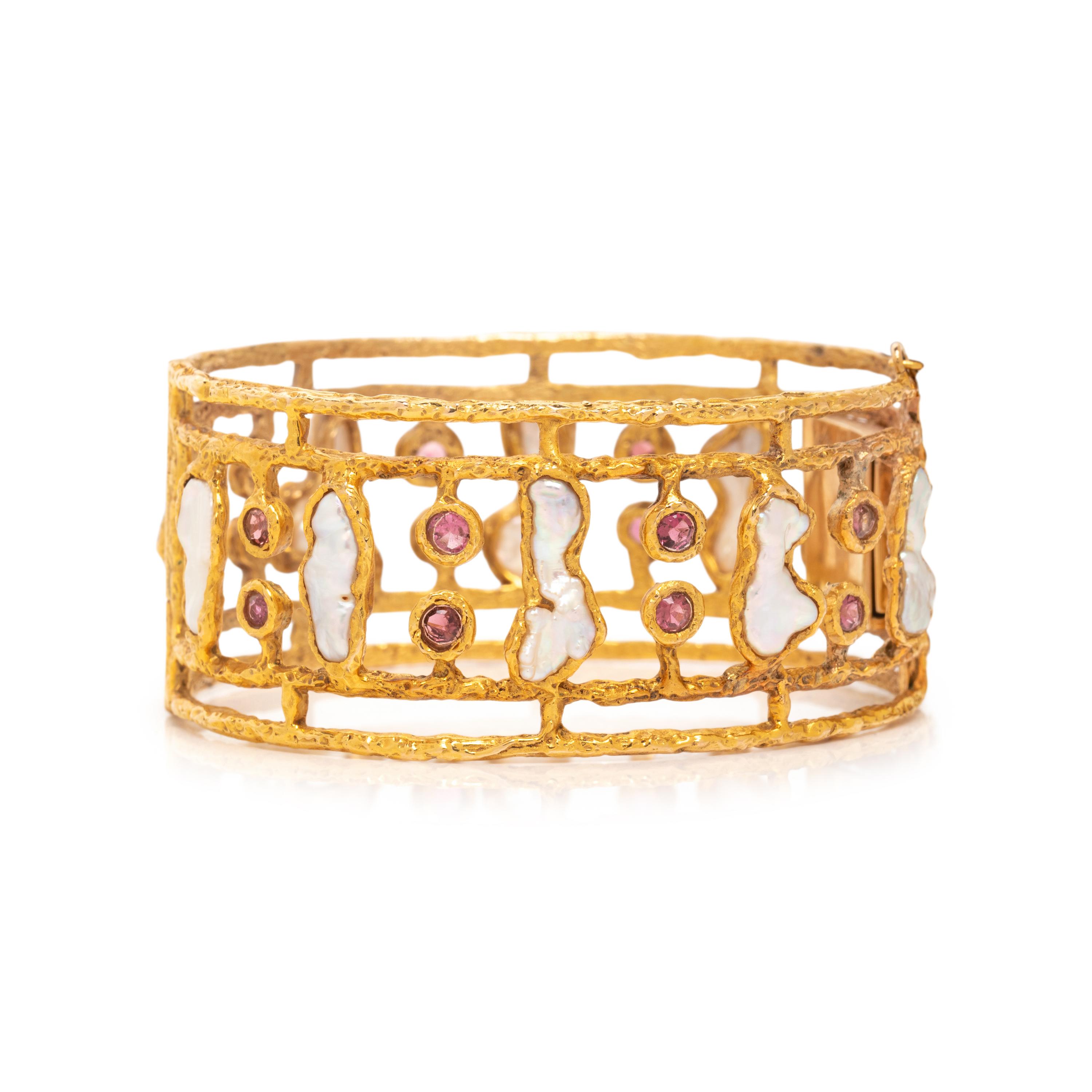 YELLOW GOLD, CULTURED PEARL, AND PINK TOURMALINE BANGLE BRACELET