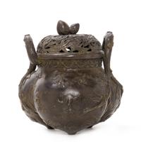 A Chinese Bronze Peach-Form Censer Height 6 1/2 inches. — 20TH CENTURY