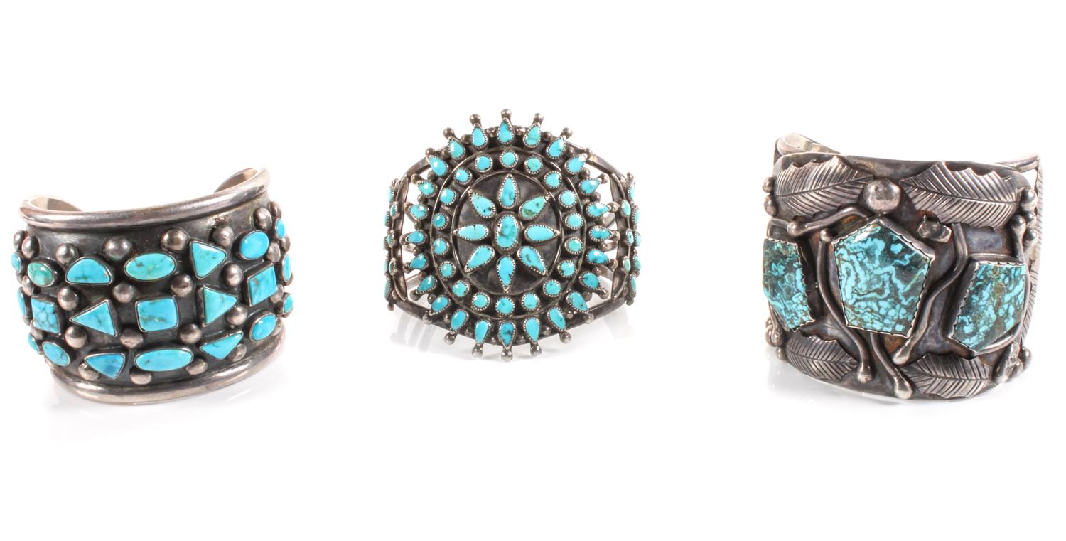 Three Southwestern Silver and Turquoise Cuff Bracelets Length of one 5 3/4 x opening 1 x width 2 3/8 inches