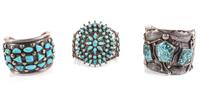 Three Southwestern Silver and Turquoise Cuff Bracelets Length of one 5 3/4 x opening 1 x width 2 3/8 inches