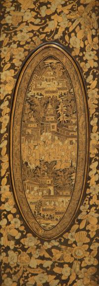 An English Black and Gilt Chinoiserie Decorated Cabinet with Interior Drawers