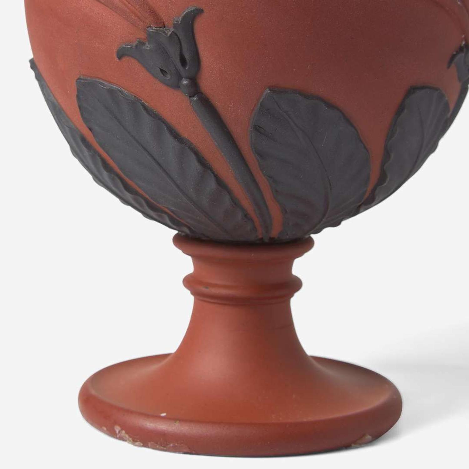 A Pair of Wedgwood Black Basaltes-Decorated Rosso Antico "Tendril" Vases UK, circa 1800