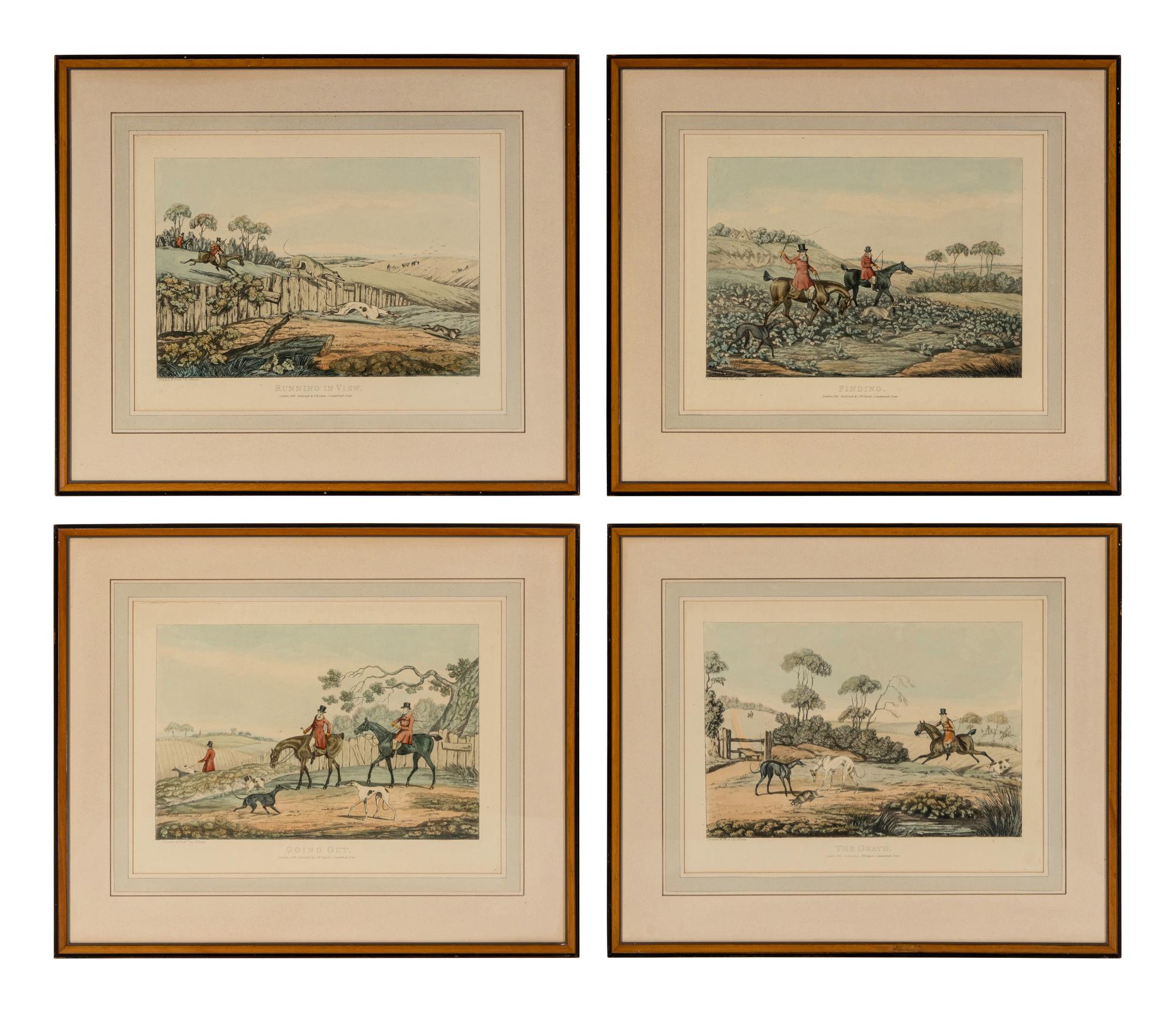 A Set of Four English Hand-Colored Etchings of Hunting Scenes