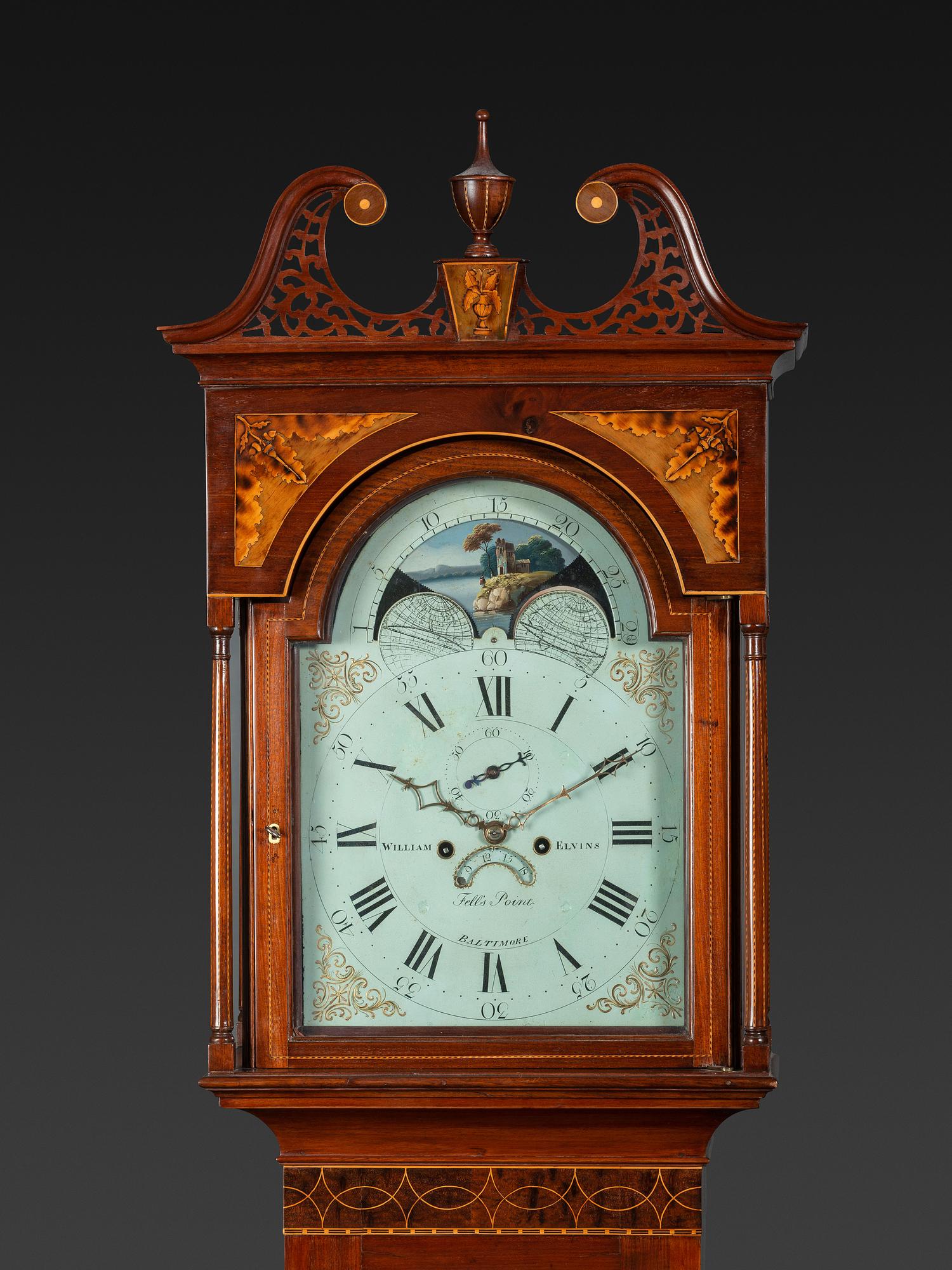 A Rare Federal Inlaid and Pierce-Carved Mahogany Tall Case Clock