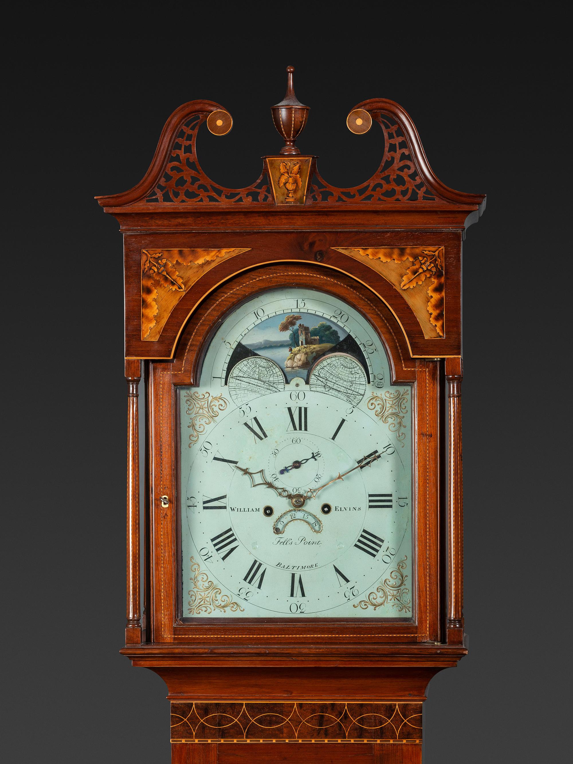 A Rare Federal Inlaid and Pierce-Carved Mahogany Tall Case Clock