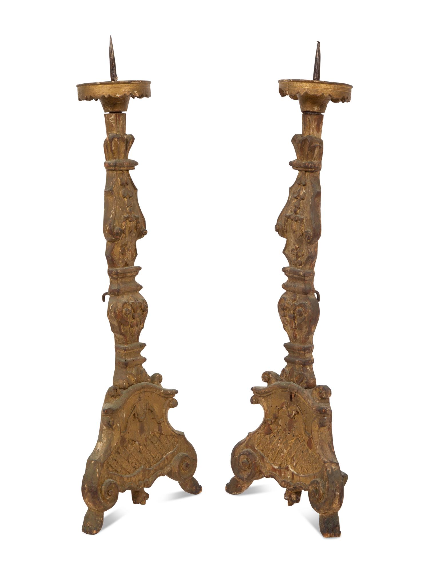 A Pair of Italian Baroque Style Carved Giltwood Pricket Sticks