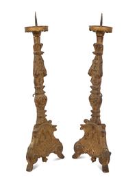 A Pair of Italian Baroque Style Carved Giltwood Pricket Sticks