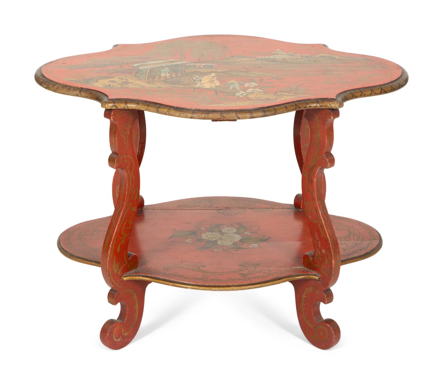 A Red and Gilt-Japanned Two-Tier Side Table