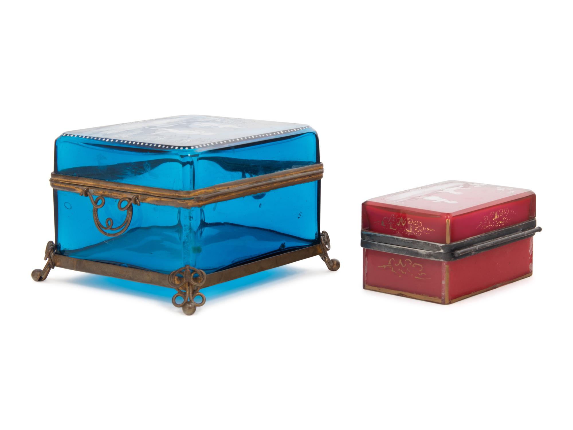 Two French Gilt Metal Mounted Enameled Glass Table Caskets