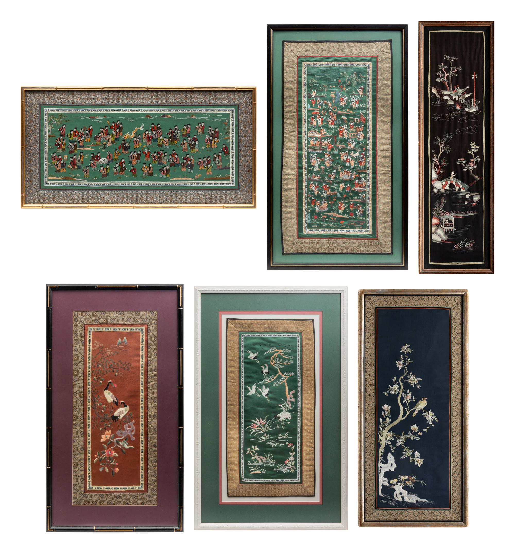 Six Chinese Embroidered Silk Panels