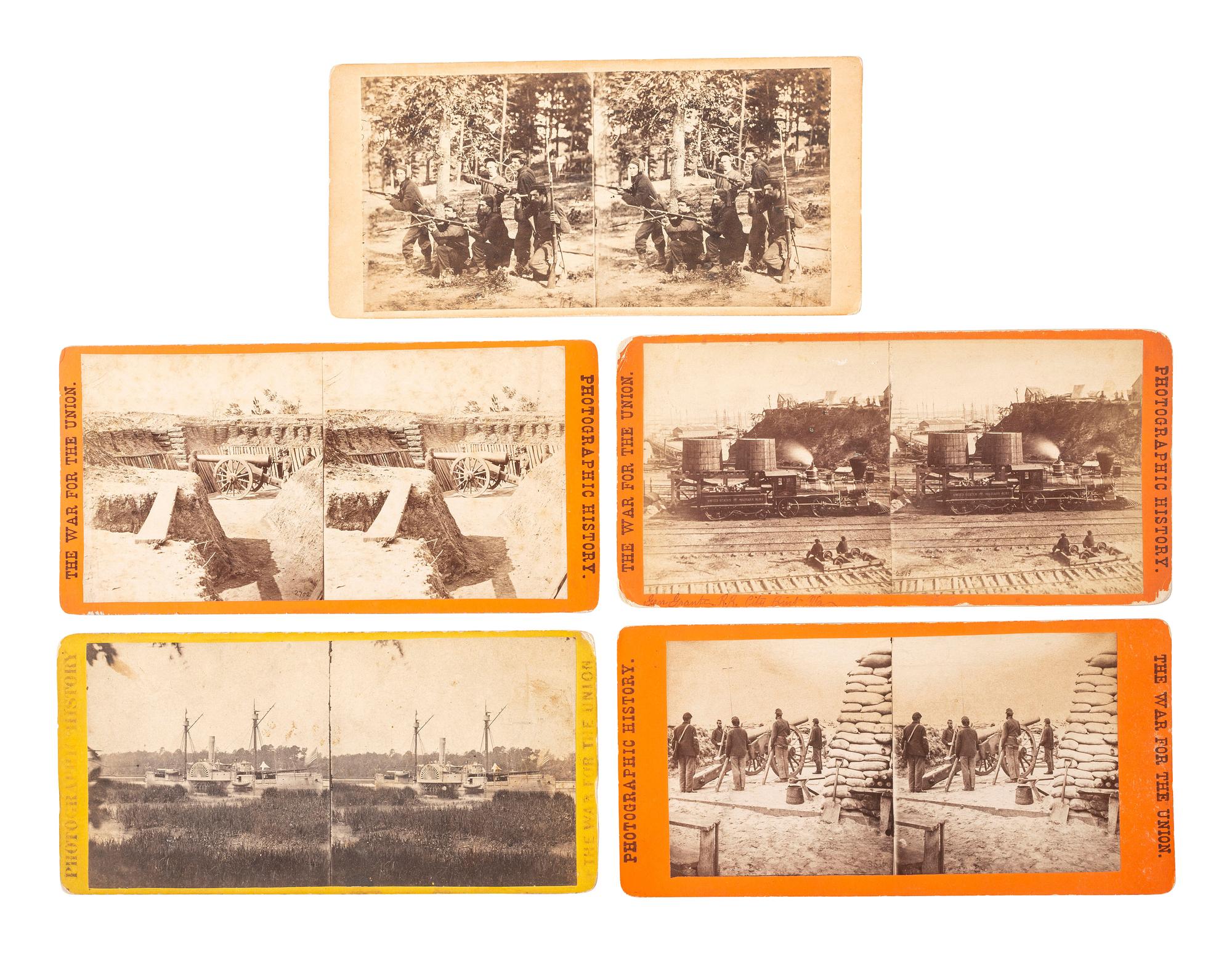 [CIVIL WAR]. A group of 5 stereoviews with Civil War subject matter, incl. a view of the 4th Michigan Volunteers on picket guard and General Grant's Railroad.