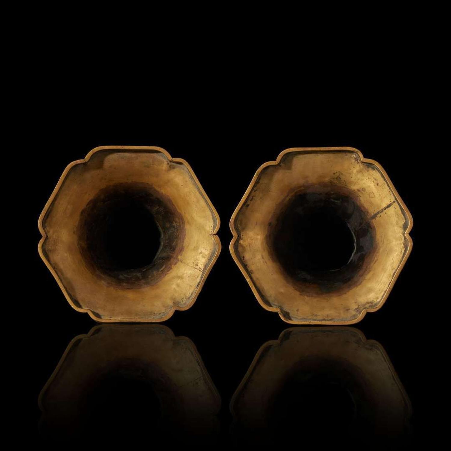 An exceptional pair of Chinese champlevé cloisonné enamel gilt metal gu-form vases 铜鎏金锤鍱珐琅花觚一对 18th/19th century ???????