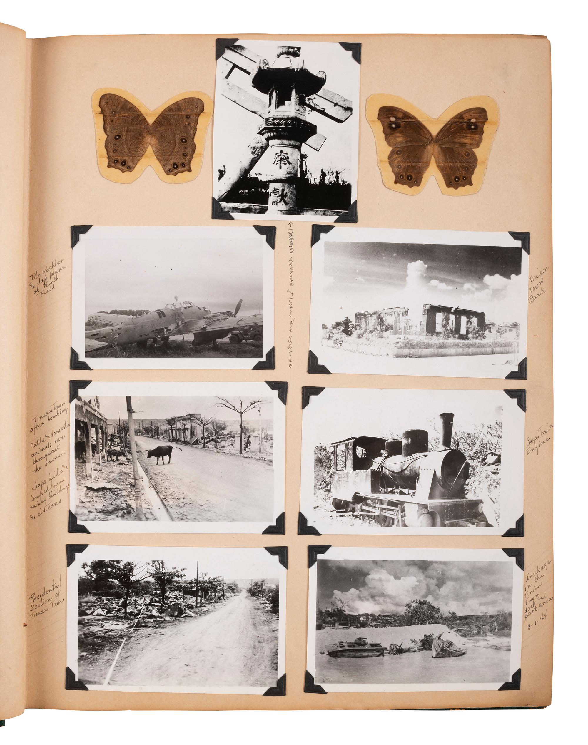 [WORLD WAR II]. Extensive US Navy album identified to James Sumner Douglass, Yeoman First Class, USS Lavaca, featuring pre-war and war-date photographs of Tinian Island, aerial reconnaissance, atomic bomb carriers, and more.