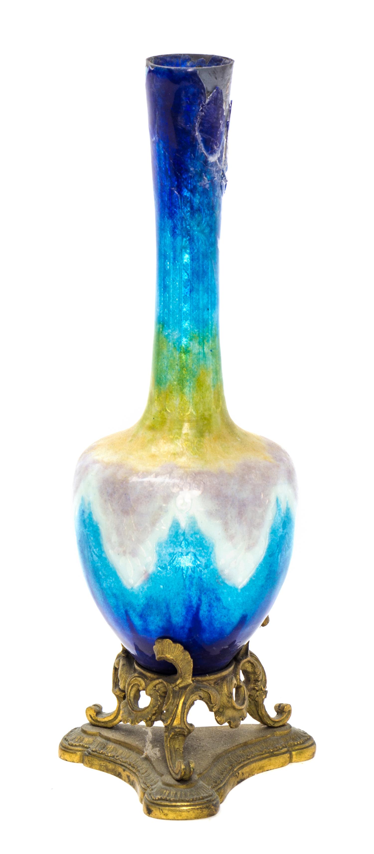 A French Gilt Metal Mounted Enameled Copper Vase Height 8 1/4 inches. of bottle form with tripartite base. Height 8 1/4 inches. — 19TH CENTURY