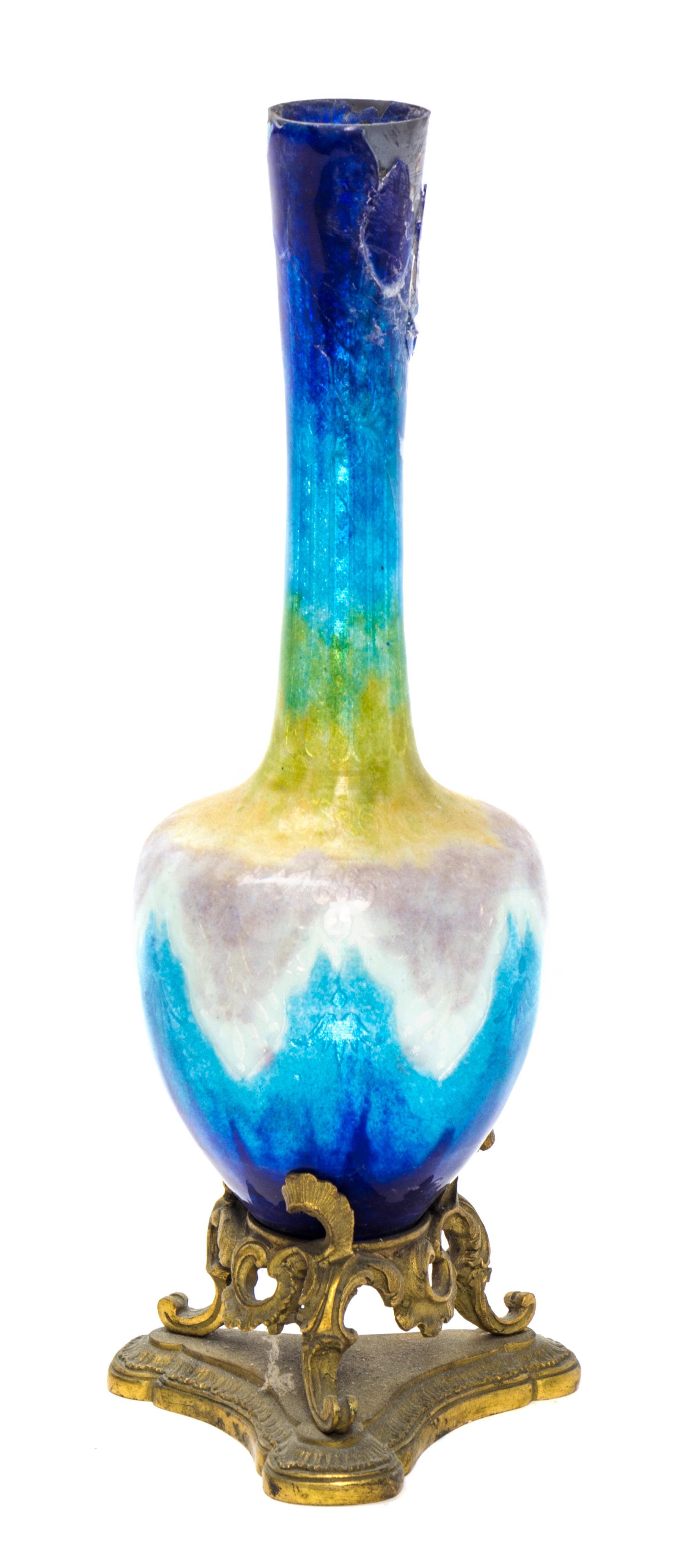 A French Gilt Metal Mounted Enameled Copper Vase Height 8 1/4 inches. of bottle form with tripartite base. Height 8 1/4 inches. — 19TH CENTURY