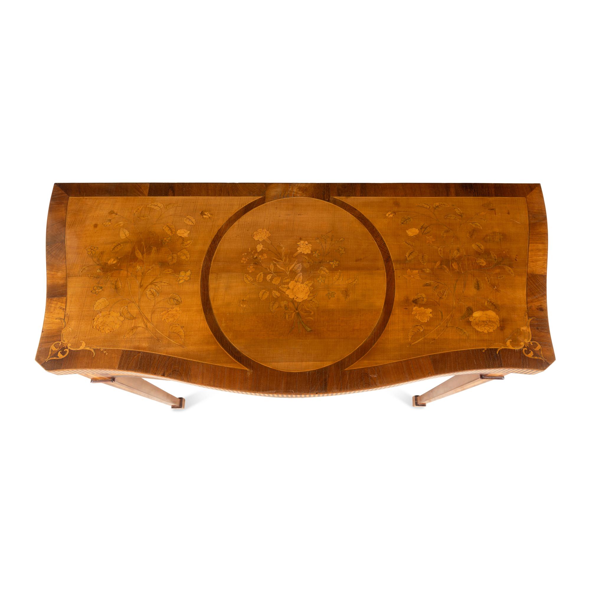 A Pair of George III Mahogany, Satinwood and Marquetry Serpentine Console Tables