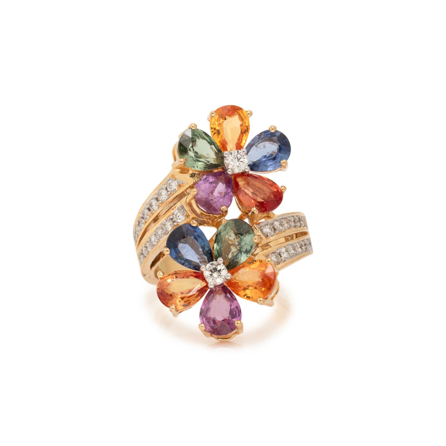MULTICOLOR SAPPHIRE AND DIAMOND FLOWER RING