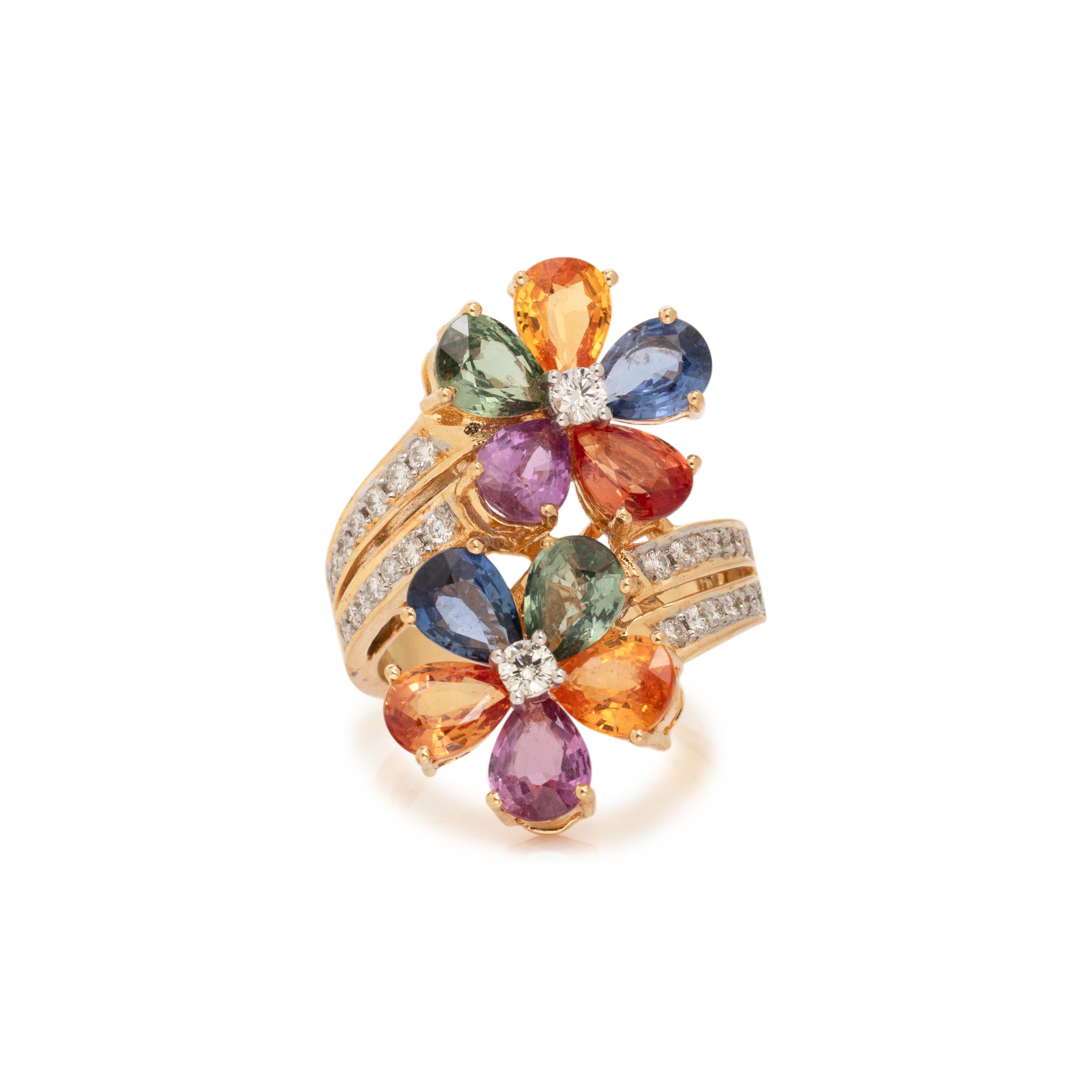 MULTICOLOR SAPPHIRE AND DIAMOND FLOWER RING