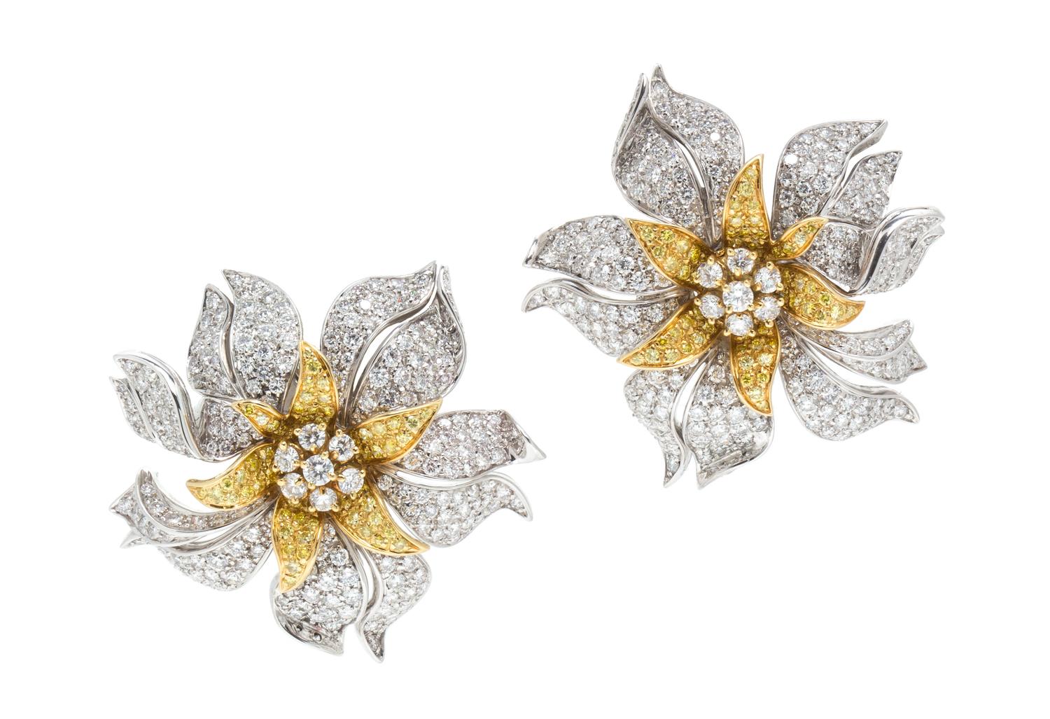 A Fine Pair of 18 Karat Gold, Colored Diamond and Diamond Flower Earclips, Ambrosi, 29.60 dwts.