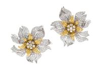 A Fine Pair of 18 Karat Gold, Colored Diamond and Diamond Flower Earclips, Ambrosi, 29.60 dwts.