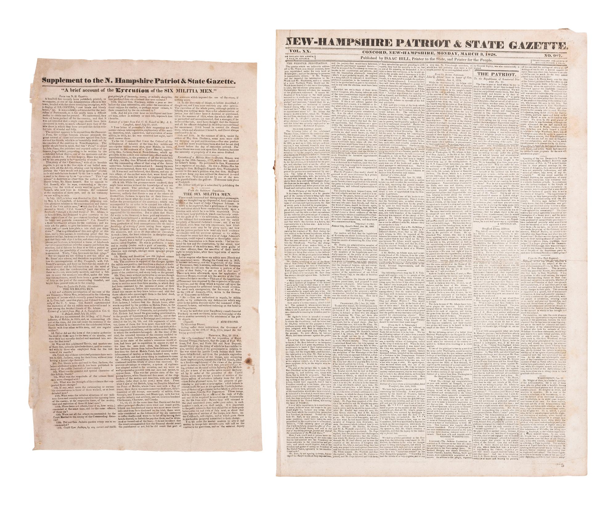 [WAR OF 1812]. New Hampshire Patriot and State Gazette . Concord, NH: 3 March 1828. Newspaper and single sheet supplement announcing Andrew Jackson's execution of six militia men.