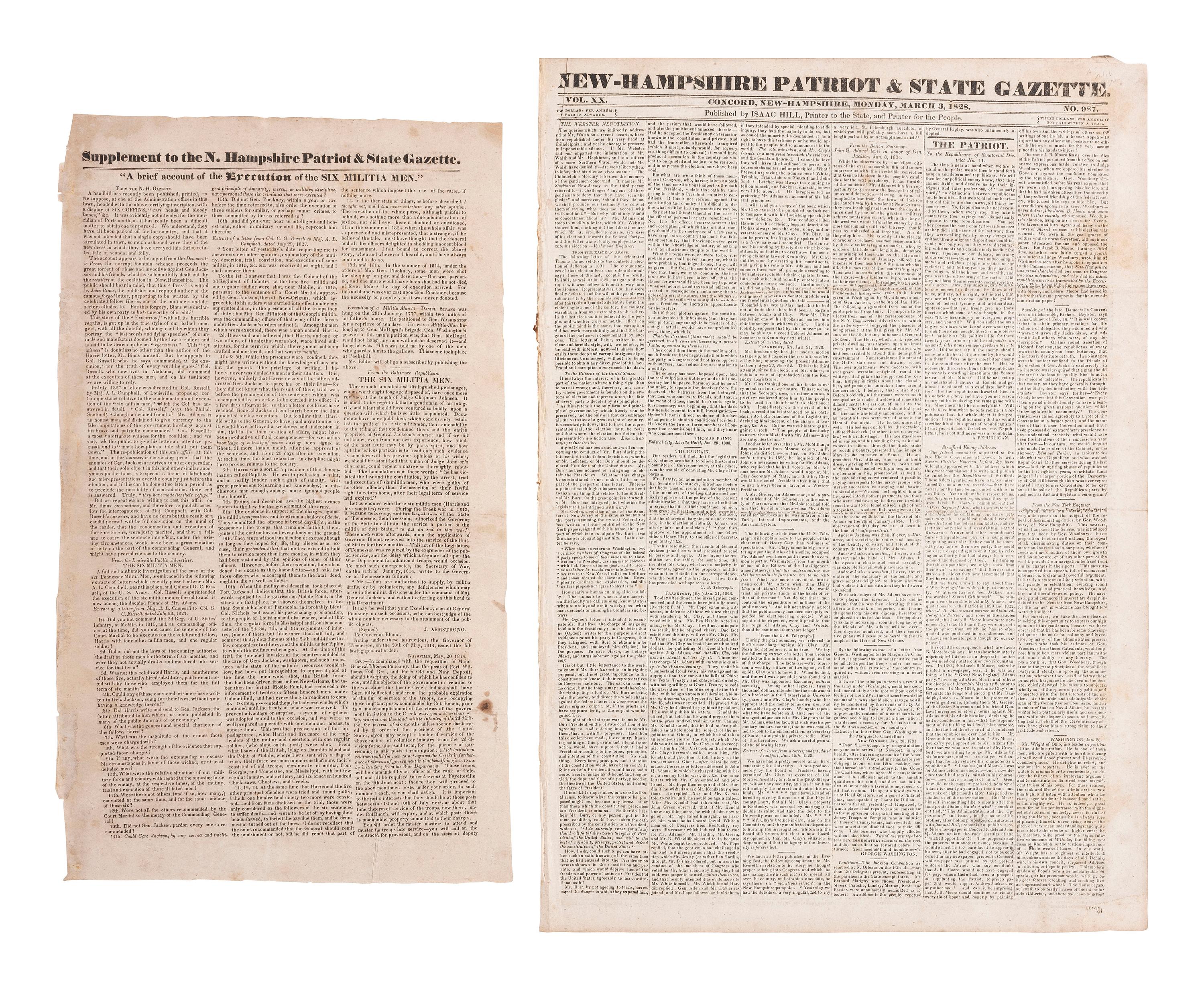 [WAR OF 1812]. New Hampshire Patriot and State Gazette . Concord, NH: 3 March 1828. Newspaper and single sheet supplement announcing Andrew Jackson's execution of six militia men.