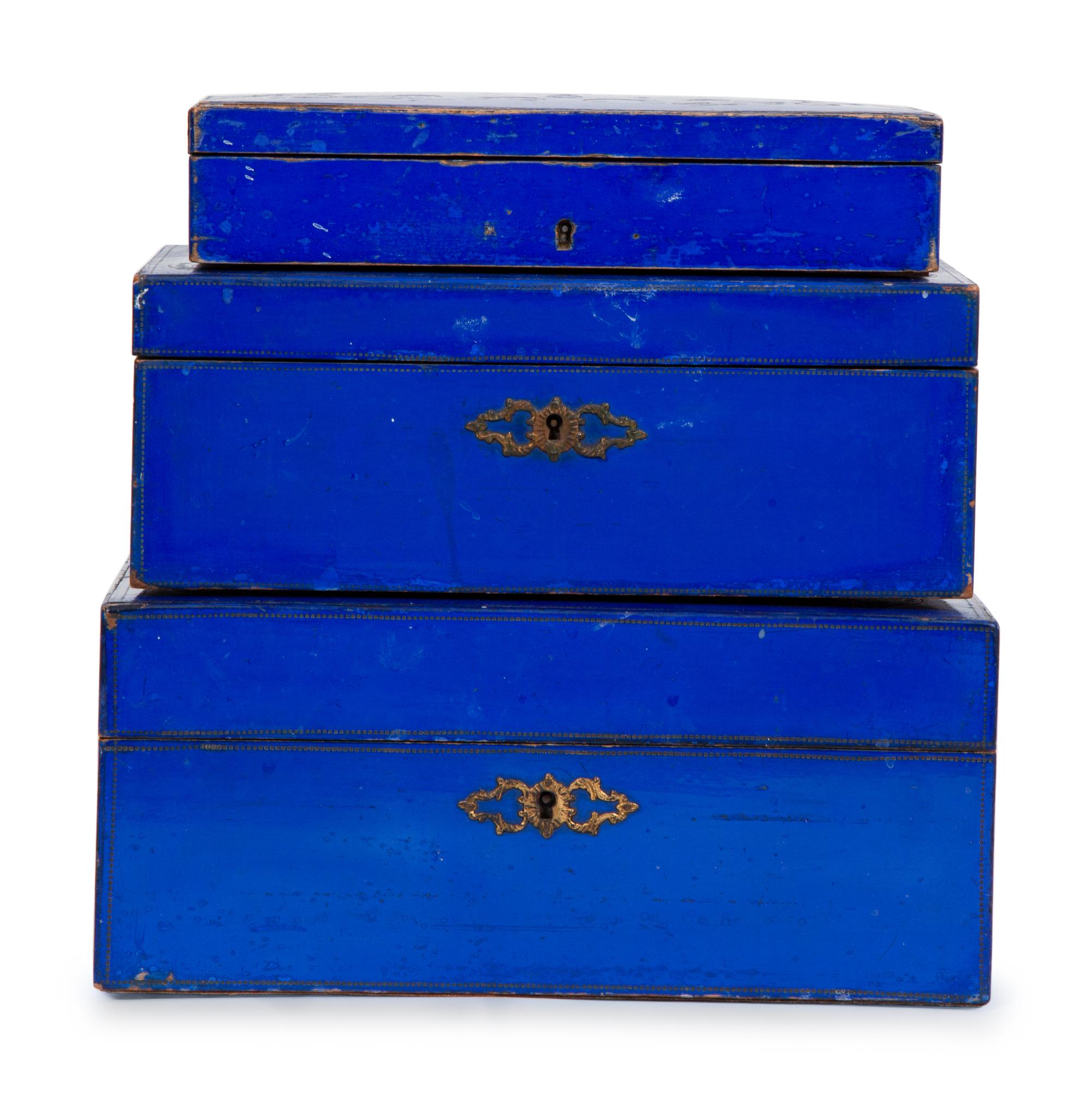 Three Gilt-Embossed Painted Wood Boxes