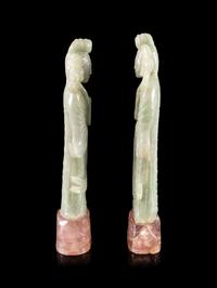 A Pair of Pale Celadon Jadeite Figures of Female Immortals