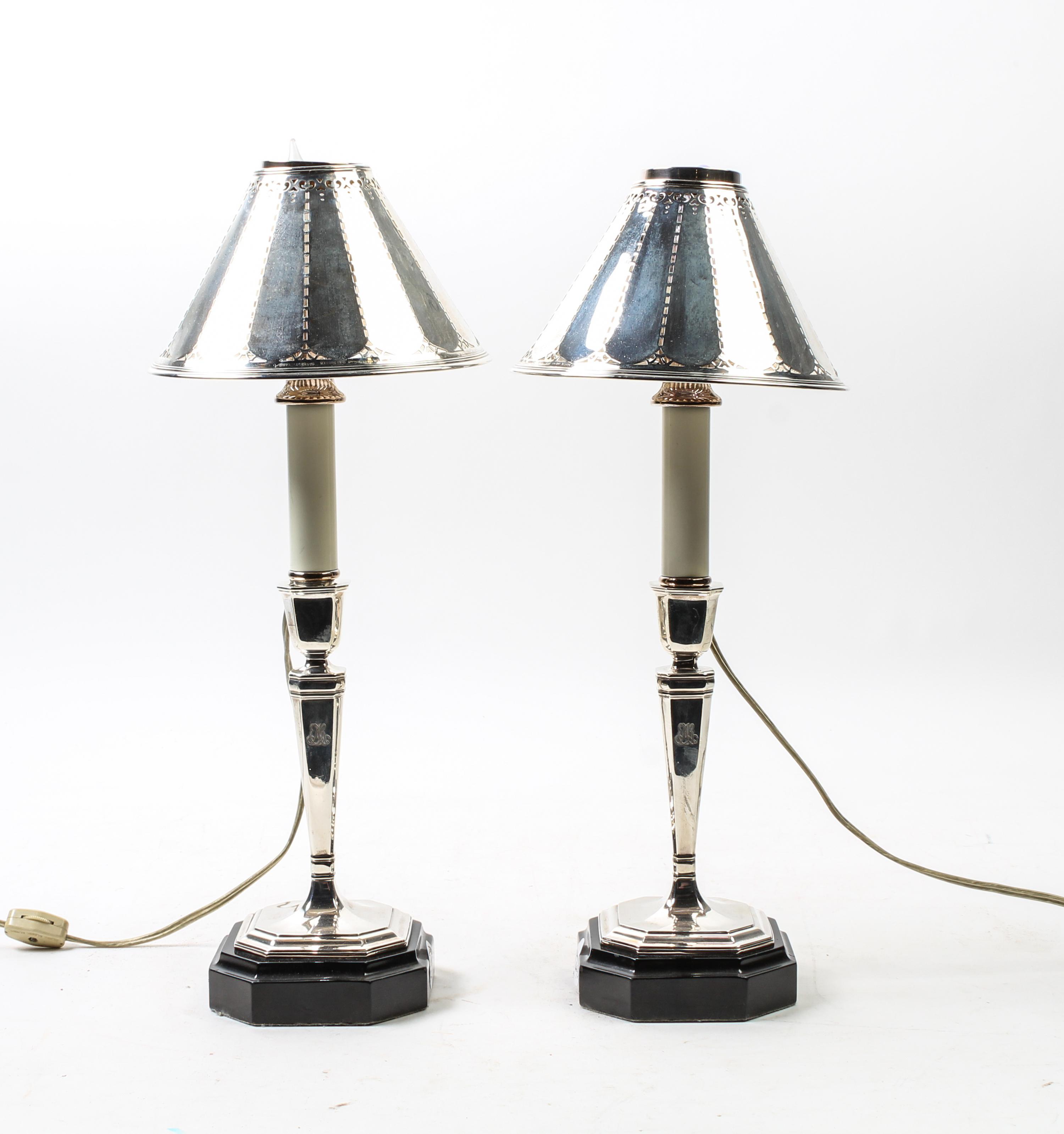 A Pair of Silver-Plate Candlestick Lamps Height overall 17 1/2 inches. — 20TH CENTURY