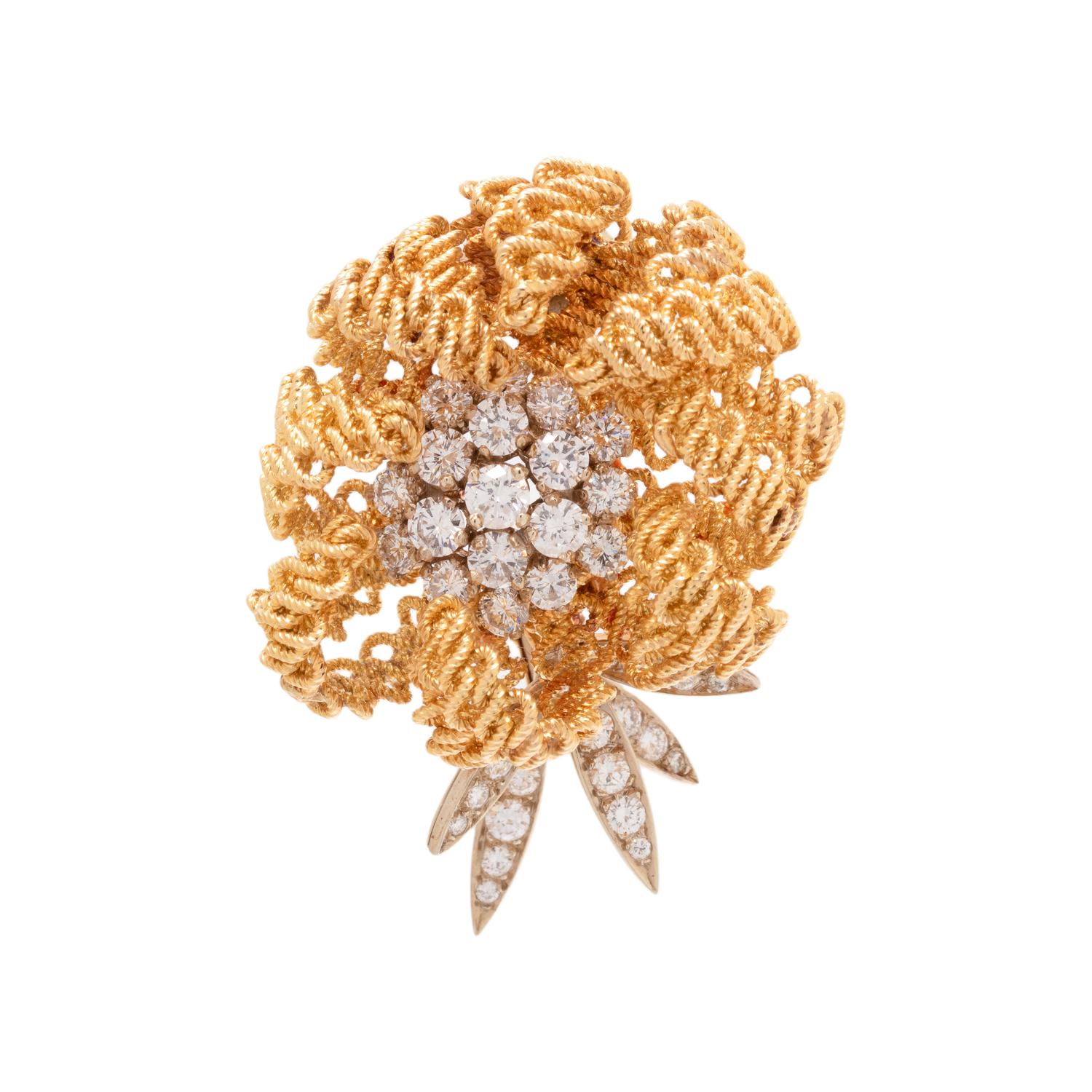 FRENCH, YELLOW GOLD AND DIAMOND FLOWER BROOCH