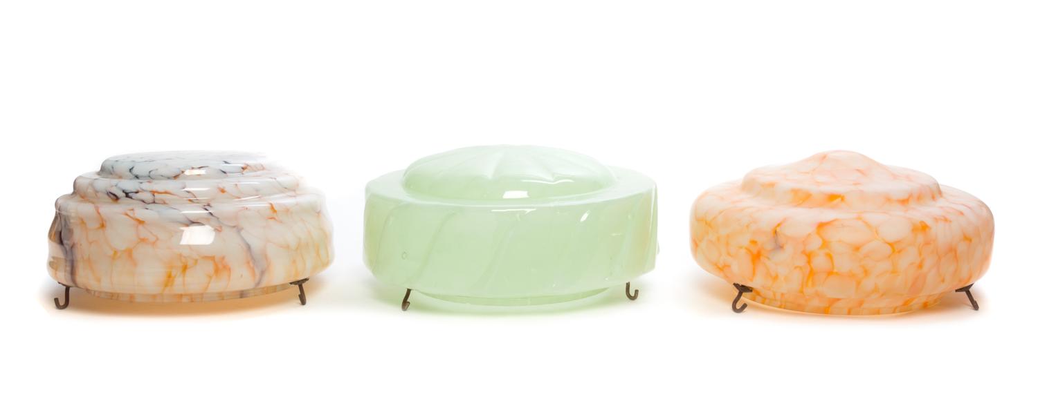 A Set of Five English Art Deco Glass Shades Diameter of largest 12 1/2 inches.