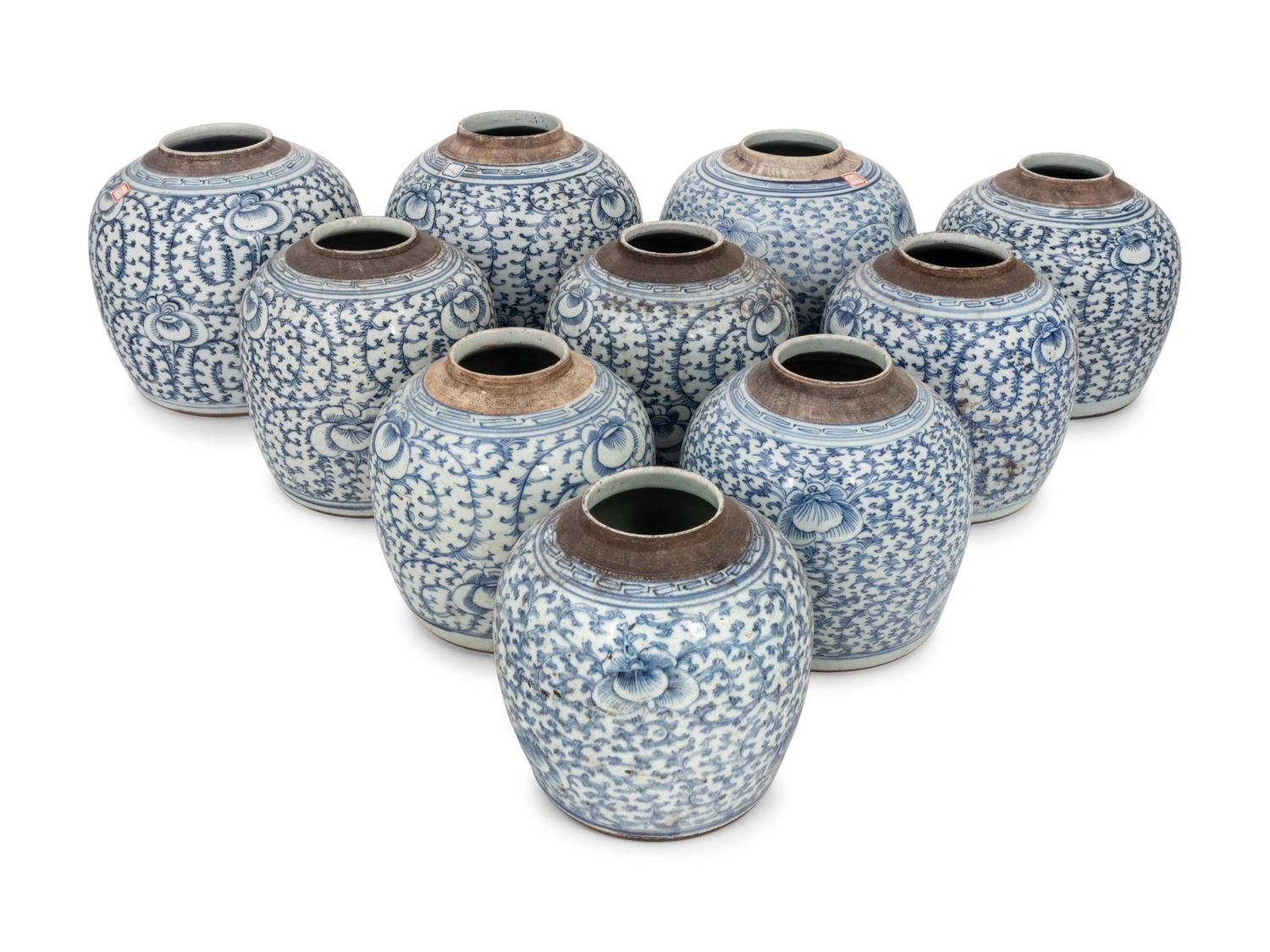 10 Chinese Blue and White Porcelain 'Foliate' Jars