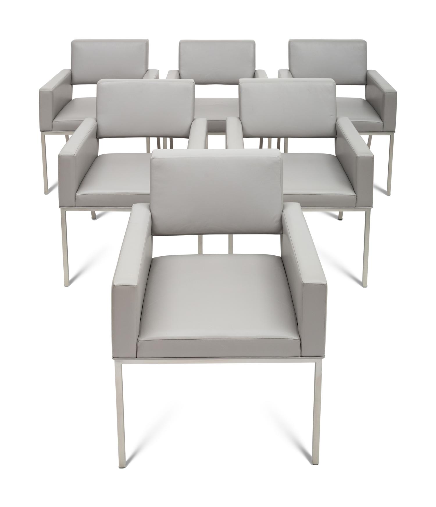 A Set of Six Brueton Apollo Leather and Stainless Steel Armchairs