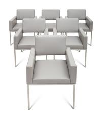 A Set of Six Brueton Apollo Leather and Stainless Steel Armchairs
