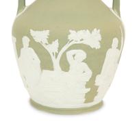 A Green Wedgwood Jasperware Portland Vase and Biscuit Barrell with Silver Plate Handle, Top and Base combined with biscuit barrell 323704/124