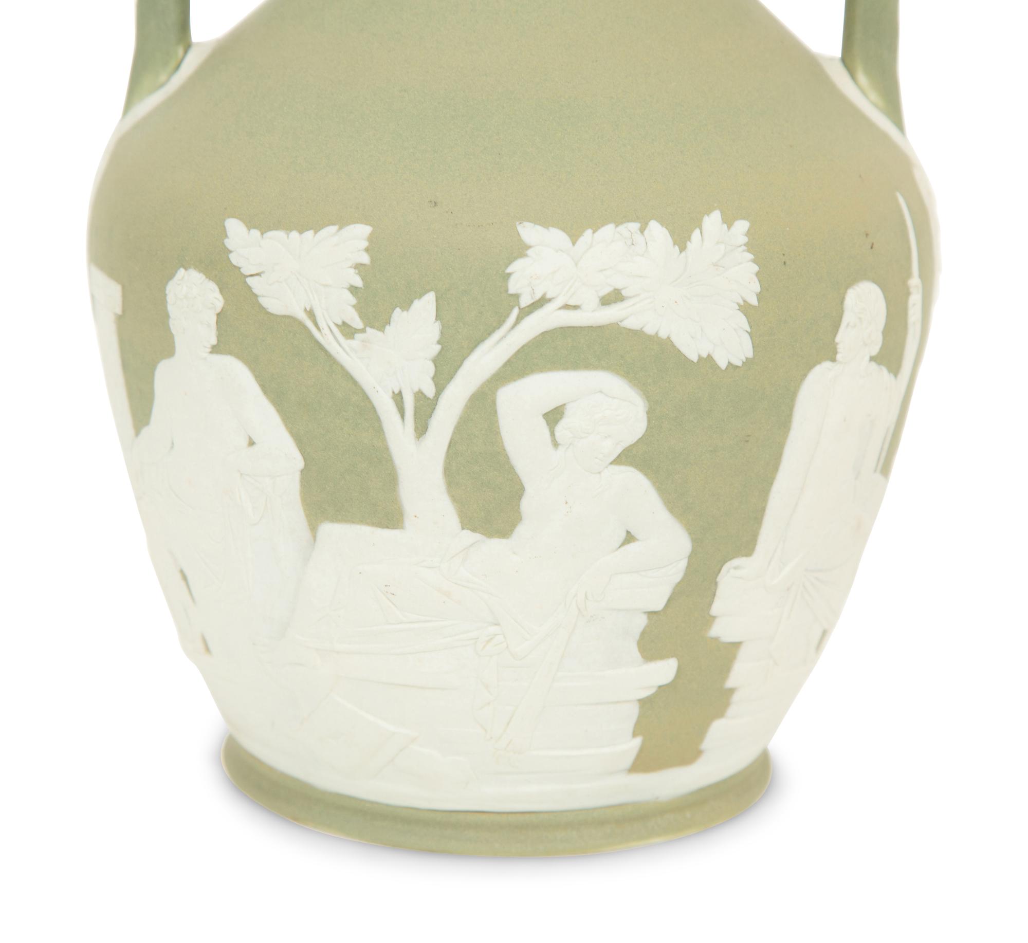 A Green Wedgwood Jasperware Portland Vase and Biscuit Barrell with Silver Plate Handle, Top and Base combined with biscuit barrell 323704/124