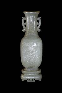 A Small Pale Carved Pale Celadon Jade Vase and Stand