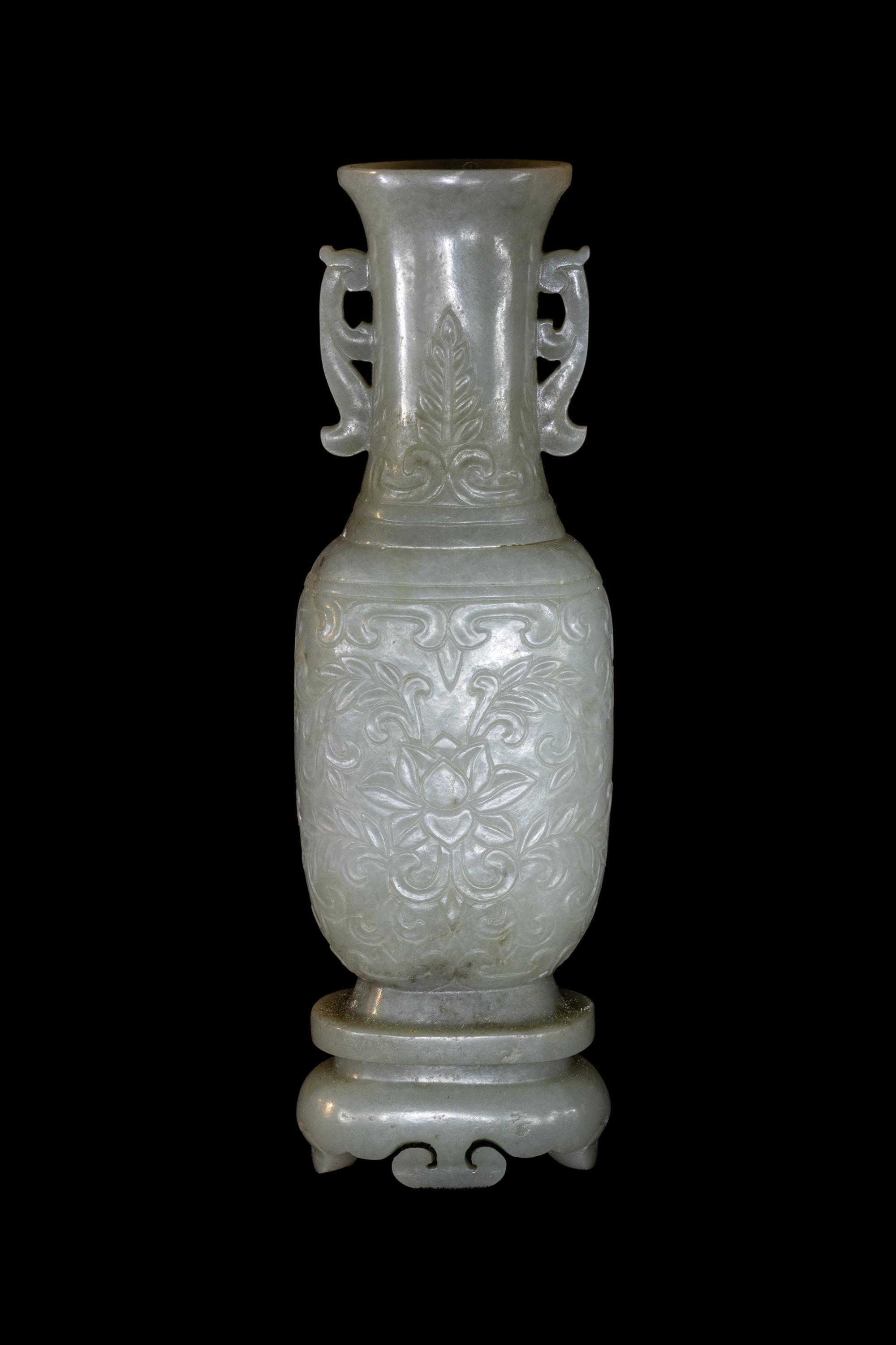 A Small Pale Carved Pale Celadon Jade Vase and Stand